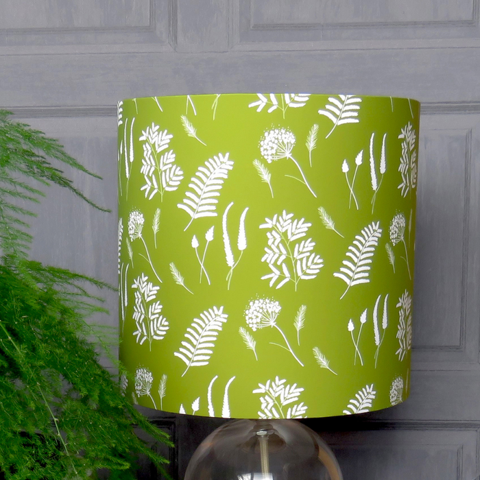 Drum Lampshade in Green with Ferns and Seedheads